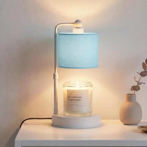 Candle Warmer Lamp with Timer, Dimmable Candle Wax Warmer, Height Adjustable Electric Candle Lamp Warmer with 2 Bulbs, Gifts Idea for Women Her, Mom, Vintage Home Decor for Bedroom-Blue