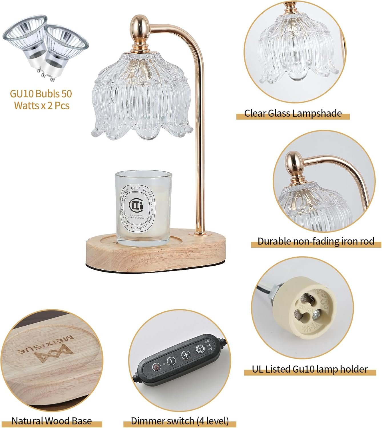 MEIXISUE Candle Warmer Lamp with Timer and Dimmer,Electric Gold Light Gifts for Women Melt Wax Warmer Lamp with 2 Bulbs for Candle Jars House Warming New Home Decor Bedroom - Image 6