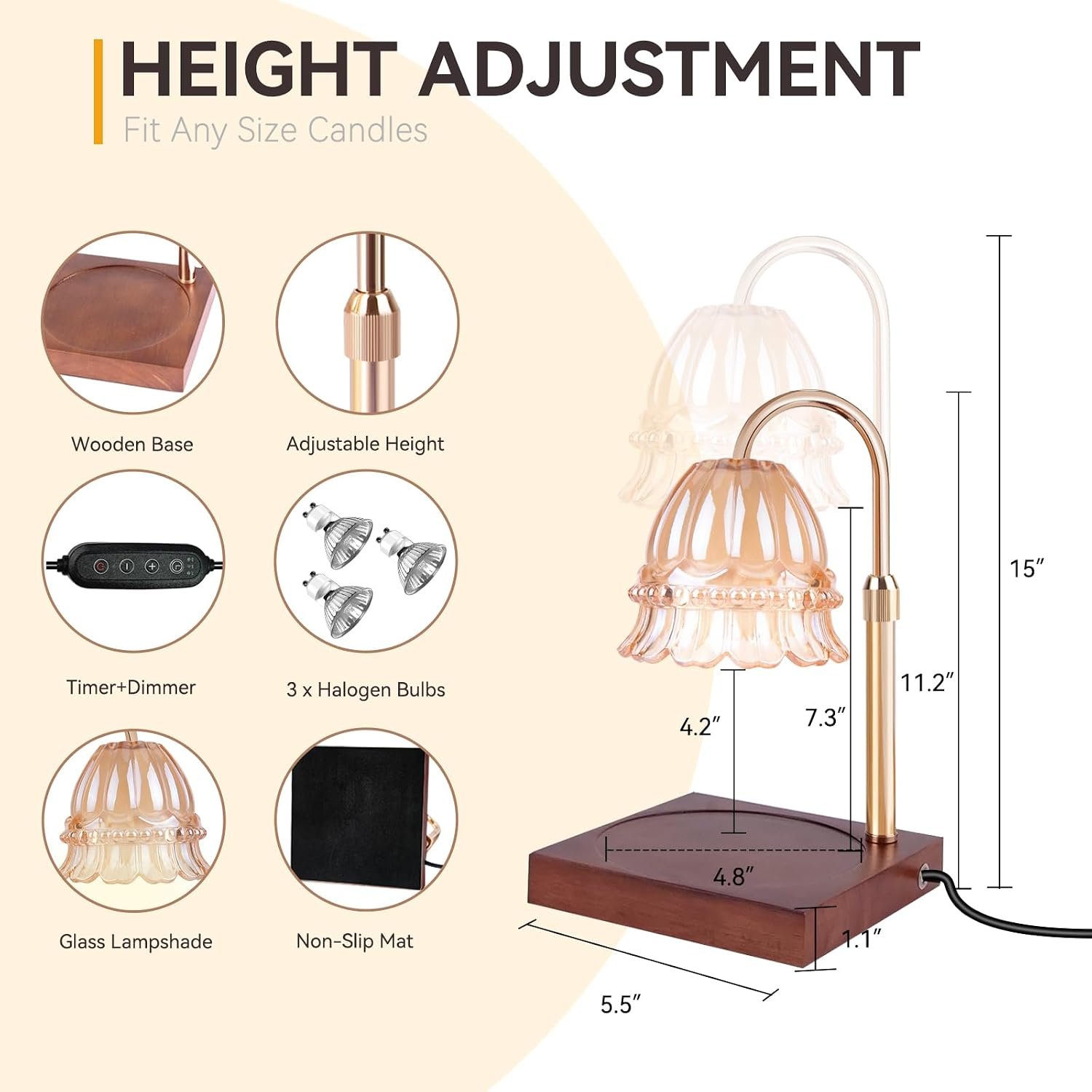 TOACSUCP Candle Warmer Lamp with 3 Bulbs, Adjustable Height Dimmable Candle Warmer with Timer, Compatible with Large Jar Candles, Flower Candle Warmer with Charming Gift Box Ribbon(Light Brown) - Image 2