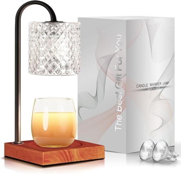 Candle Warmer Lamp, Candle Lamp Wax Warmer, Timer & Dimmer 7-Levels, Fits Cup Jar Candle, Top Melting, Crystal Heater Lamp for Scented Wax, Elegant Home Decor, Clear & Brown
