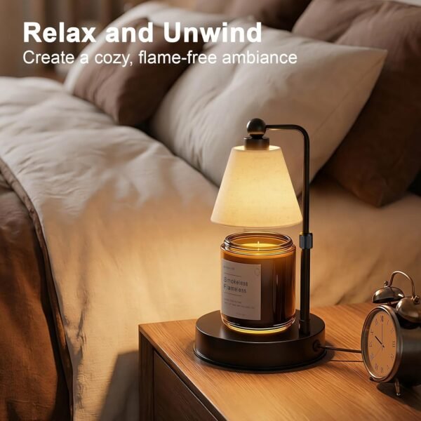 Candle Warmer Lamp with Timer, Dimmable, Adjustable Height, Modern Farmhouse Linen Shade, Black Candle Warming Lamp for Up to 6-Inch Jar Candles, 2 Bulbs Included
