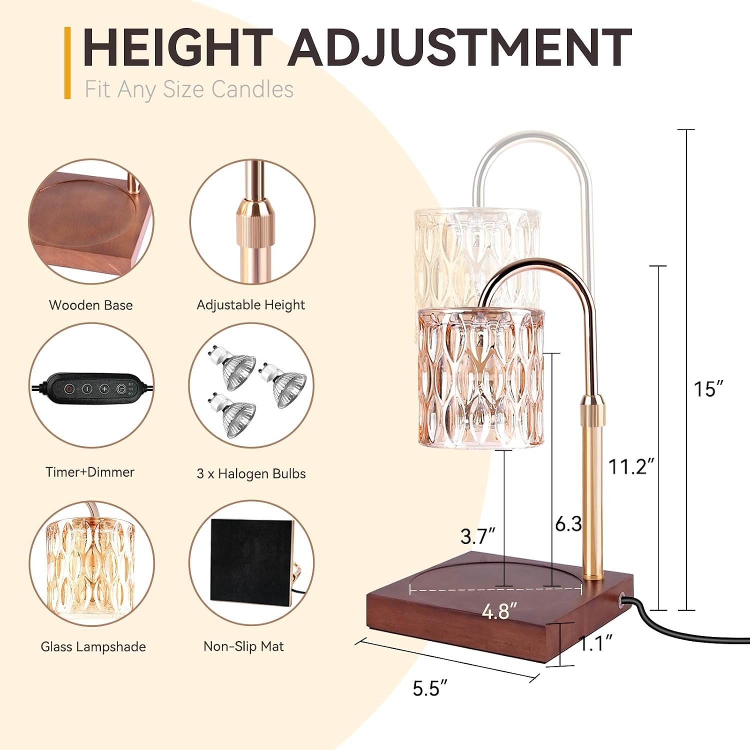 TOACSUCP Candle Warmer Lamp with 3 Bulbs, Adjustable Height Dimmable Candle Warmer with Timer, Compatible with Large Jar Candles, Candle Lamp with Charming Gift Box Ribbon for Her\/Him(Walnut) - Image 2