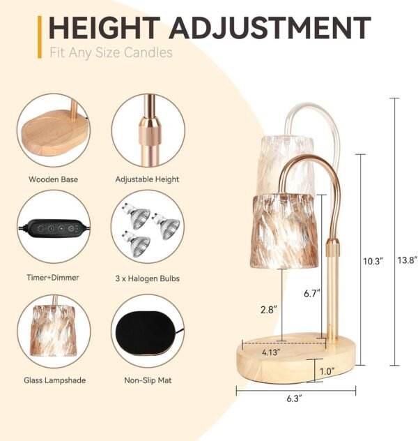 Candle Warmer Lamp with 3 Bulbs, Adjustable Height Dimmable Candle Warmer with Timer, Compatible with Large Jar Candles, Candle Lamp with Charming Gift Box for Her\/Him