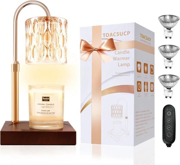 TOACSUCP Candle Warmer Lamp with 3 Bulbs, Adjustable Height Dimmable Candle Warmer with Timer, Compatible with Large Jar Candles, Candle Lamp with Charming Gift Box Ribbon for Her\/Him(Walnut)