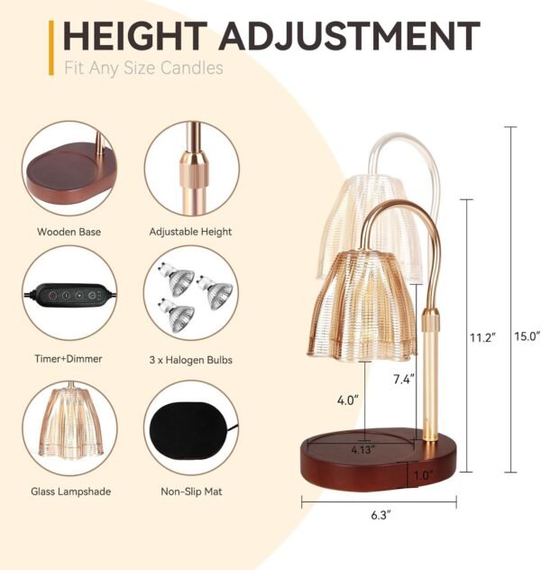 Candle Warmer Lamp with 3 Bulbs, Adjustable Height Dimmable Candle Warmer with Timer, Compatible with Large Jar Candles, Candle Lamp with Charming Gift Box Ribbon for Her\/Him