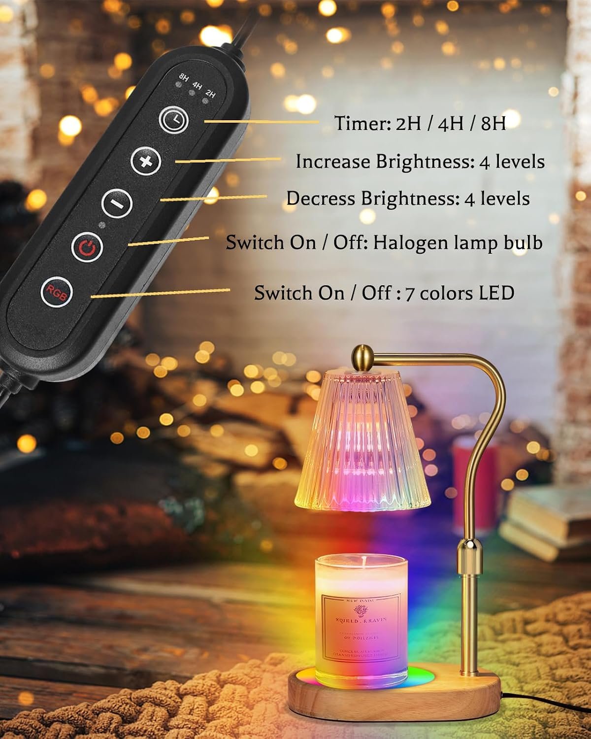 Engpure Candle Warmer Lamp with 7 LED Colors Changing,Candle Warmer with Timer Dimmer, Electric Candle Lamp with Adjustable Height Home Decor for Secented Jar Candles Christmas Gift for Mom Women - Image 3
