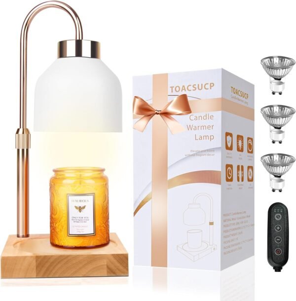 Candle Warmer Lamp with 3 Bulbs, Adjustable Height Dimmable Candle Warmer with Timer, Compatible with Large Jar Candles, Candle Lamp with Charming Gift Box Ribbon for Her\/Him(White)