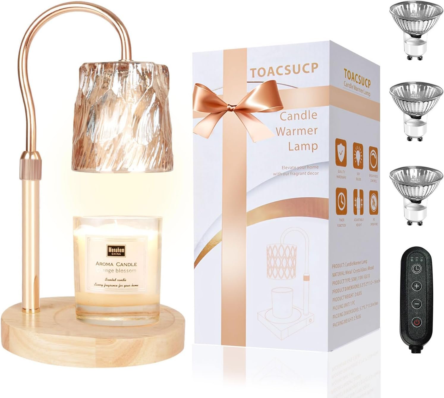 TOACSUCP Candle Warmer Lamp with 3 Bulbs, Adjustable Height Dimmable Candle Warmer with Timer, Compatible with Large Jar Candles, Candle Lamp with Charming Gift Box for Her\/Him