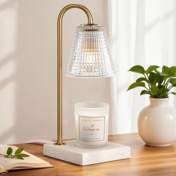 Gold and Marble Candle Warmer Lamp with Textured Glass Shade, Elegant Candle Lamp for Bedroom Living Room Kitchen, Luxury Home Decor Accent Lamp,Birthday Gift for Women