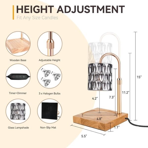 Candle Warmer Lamp with 3 Bulbs, Adjustable Height Dimmable Candle Warmer with Timer, Compatible with Large Jar Candles, Candle Lamp with Charming Gift Box Ribbon for Her\/Him