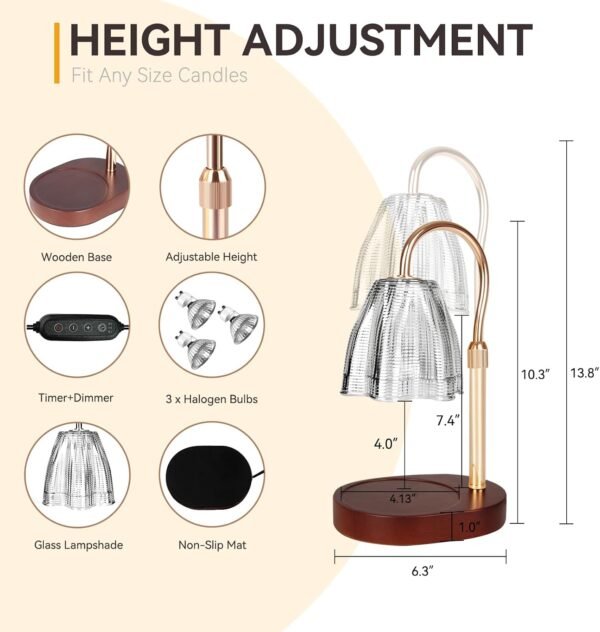 Candle Warmer Lamp with 3 Bulbs, Adjustable Height Dimmable Candle Warmer with Timer, Compatible with Large Jar Candles, Candle Lamp with Charming Gift Box for Her\/Him