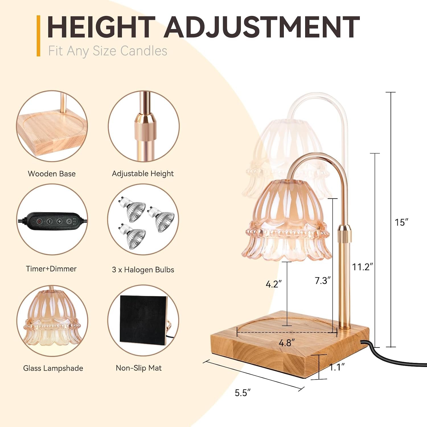TOACSUCP Candle Warmer Lamp with 3 Bulbs, Adjustable Height Dimmable Candle Warmer with Timer, Compatible with Large Jar Candles, Flower Candle Warmer with Charming Gift Box Ribbon(Light Yellow) - Image 2