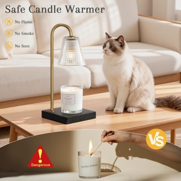 Hong-in Modern Gold Candle Warmer Lamp with Black Marble Base, Glass Shade Electric Candle Melter for Scented Candles, Stylish Home Kitchen Decor & Gift for Women