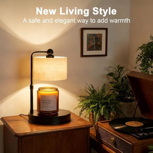 Candle Warmer lamp for 3 Wick Candles, Large Candle Warmer Lamp with Timer, Dimmable, Adjustable Height, Modern Farmhouse Linen Shade, Black Candle Warming Lamp, 2 Bulbs Included