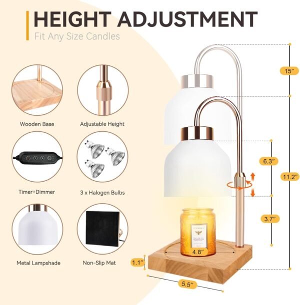 Candle Warmer Lamp with 3 Bulbs, Adjustable Height Dimmable Candle Warmer with Timer, Compatible with Large Jar Candles, Candle Lamp with Charming Gift Box Ribbon for Her\/Him(White)