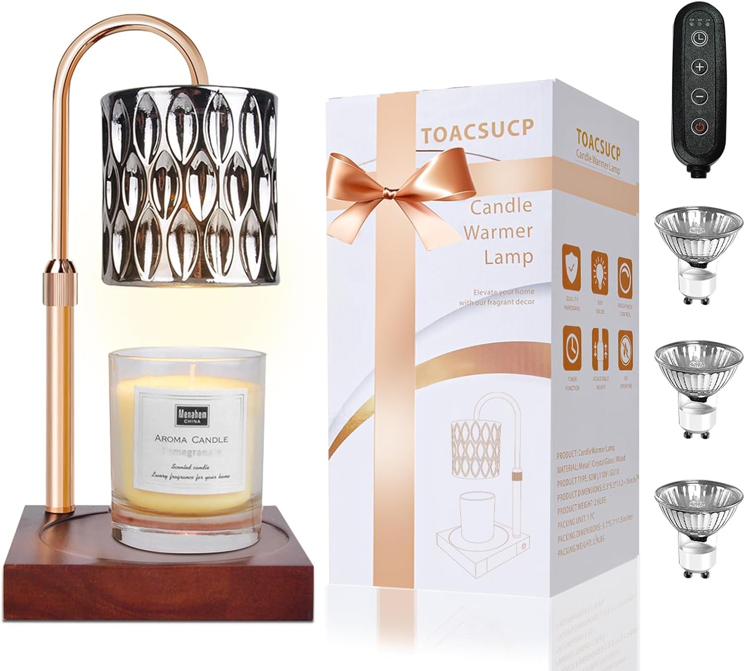 TOACSUCP Candle Warmer Lamp with 3 Bulbs, Adjustable Height Dimmable Candle Warmer with Timer, Compatible with Large Jar Candles, Candle Lamp with Charming Gift Box Ribbon for Her\/Him