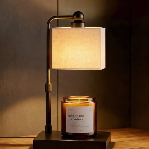 Candle Warmer Lamp with Timer, Dimmable, Adjustable Height, Modern Farmhouse Linen Shade, Black Candle Warming Lamp for Up to 6-Inch Jar Candles, 2 Bulbs Included