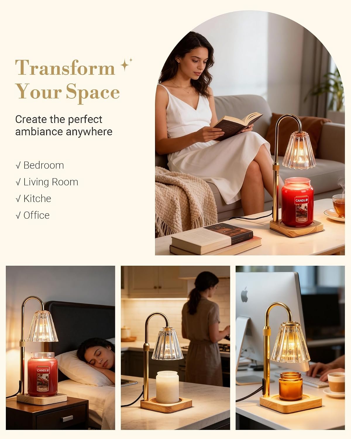 Marycele Candle Warmer Lamp with Timer & Dimmer - Mothers Day Gifts for Women Mom Her, Aesthetic Office Home Decor, Adjustable Height Wax Melter for Candle Jar & 3-Wick Candles (2 Bulbs Included) - Image 10