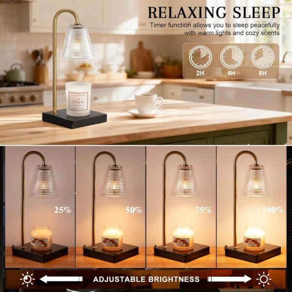 Hong-in Modern Gold Candle Warmer Lamp with Black Marble Base, Glass Shade Electric Candle Melter for Scented Candles, Stylish Home Kitchen Decor & Gift for Women
