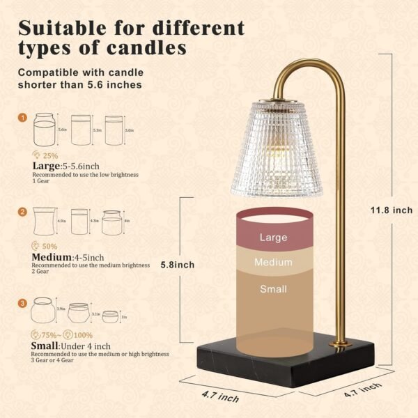Hong-in Modern Gold Candle Warmer Lamp with Black Marble Base, Glass Shade Electric Candle Melter for Scented Candles, Stylish Home Kitchen Decor & Gift for Women