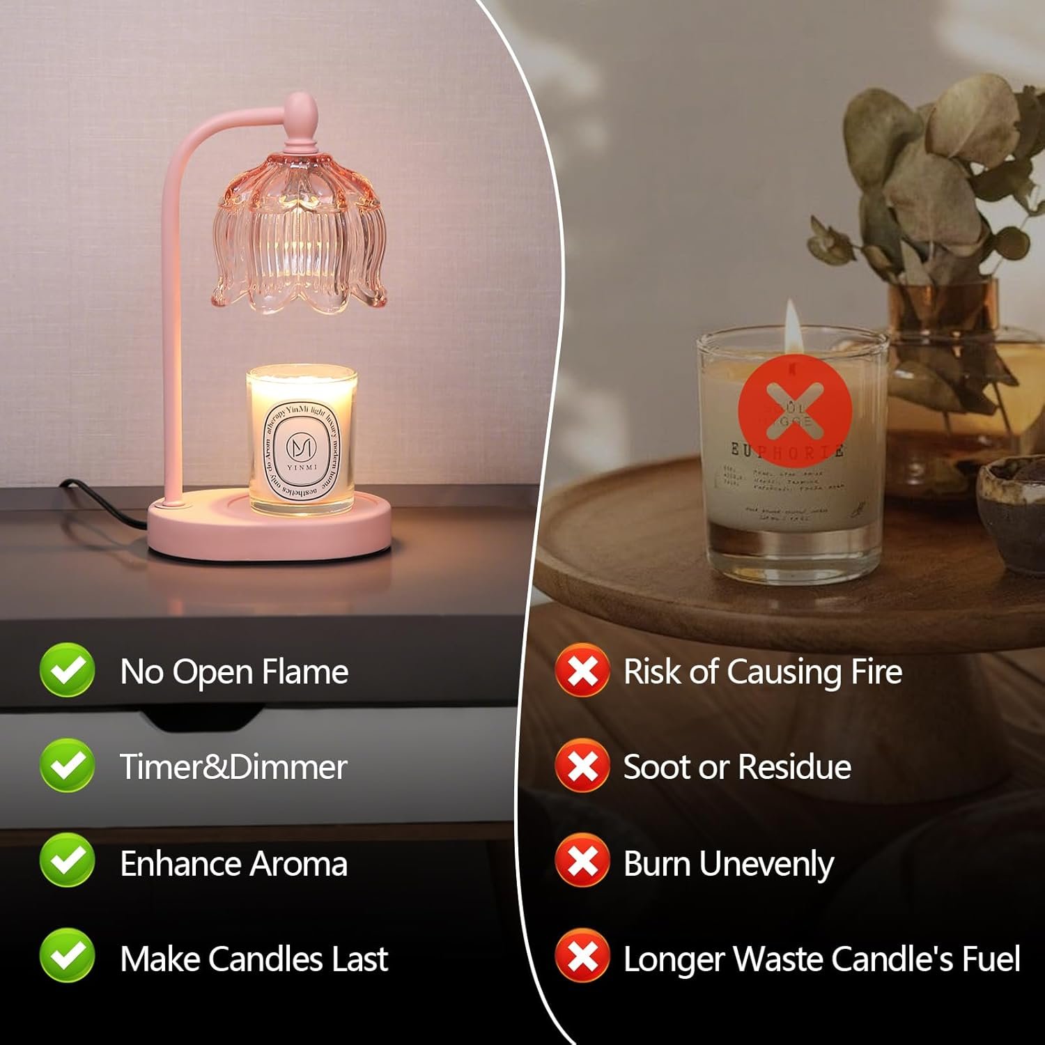 MEIXISUE Pink Candle Warmer Lamp with Timer and Dimmer,Gifts for Mom\/Wife, Melt Wax Warmer Lamp with 2 Bulbs for Candle Jars House Warming New Home Decor - Image 3
