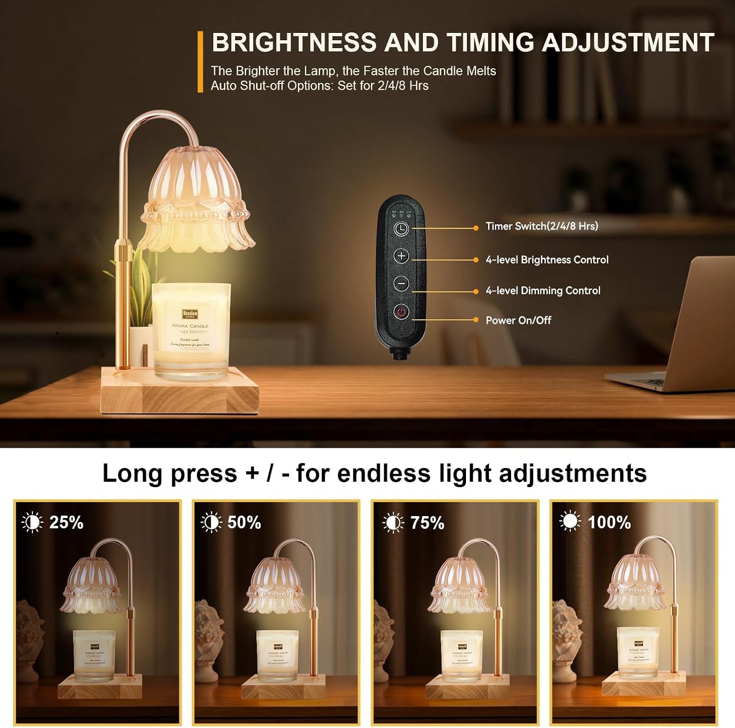 TOACSUCP Candle Warmer Lamp with 3 Bulbs, Adjustable Height Dimmable Candle Warmer with Timer, Compatible with Large Jar Candles, Flower Candle Warmer with Charming Gift Box Ribbon(Light Yellow) - Image 3