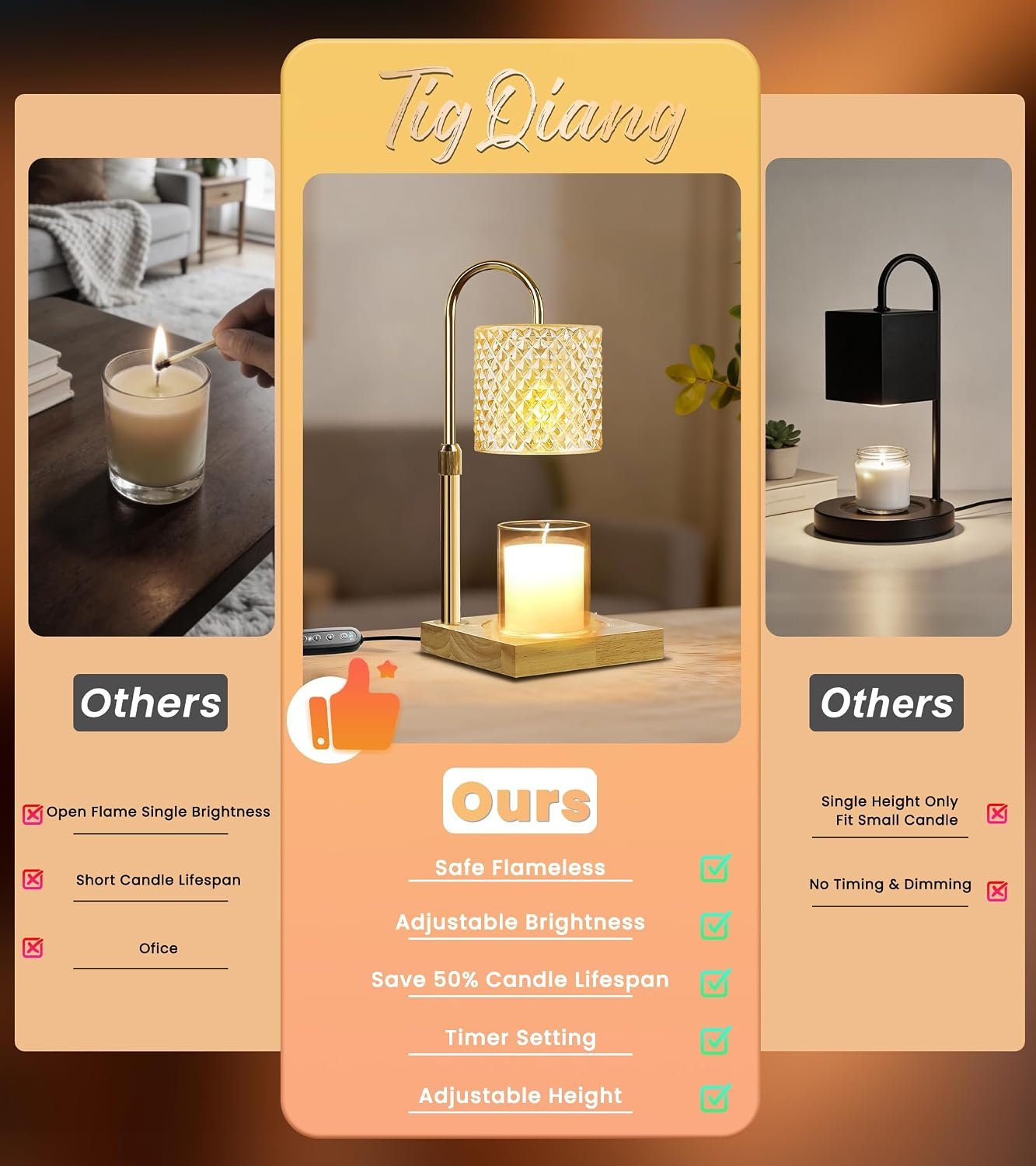 TigQiang Candle Warmer Lamp, Candle Lamp Wax Warmer, Timer & Dimmer 7-Levels, Fits Cup Jar Candle, Top Melting, Crystal Heater Lamp for Scented Wax, Elegant Home Decor, Brass Glass - Image 4