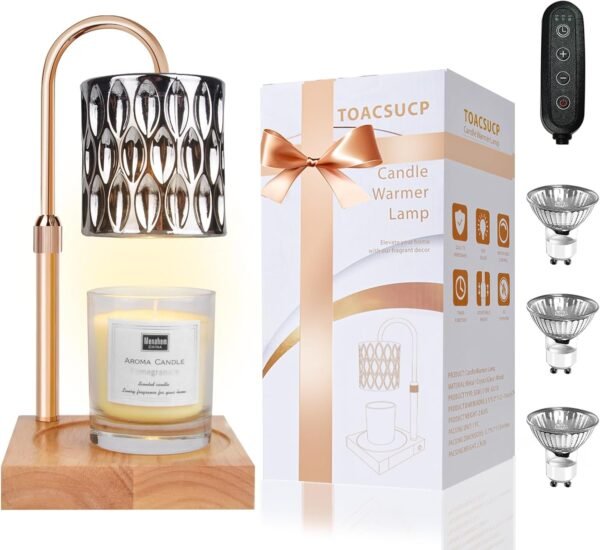 Candle Warmer Lamp with 3 Bulbs, Adjustable Height Dimmable Candle Warmer with Timer, Compatible with Large Jar Candles, Candle Lamp with Charming Gift Box Ribbon for Her\/Him
