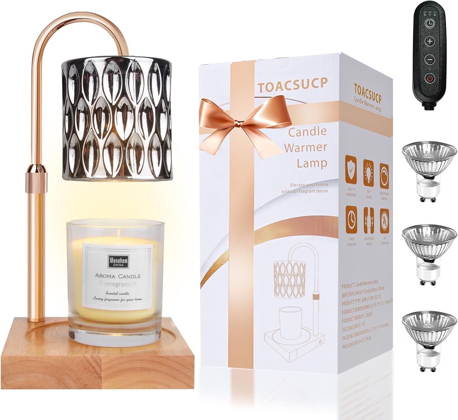TOACSUCP Candle Warmer Lamp with 3 Bulbs, Adjustable Height Dimmable Candle Warmer with Timer, Compatible with Large Jar Candles, Candle Lamp with Charming Gift Box Ribbon for Her\/Him