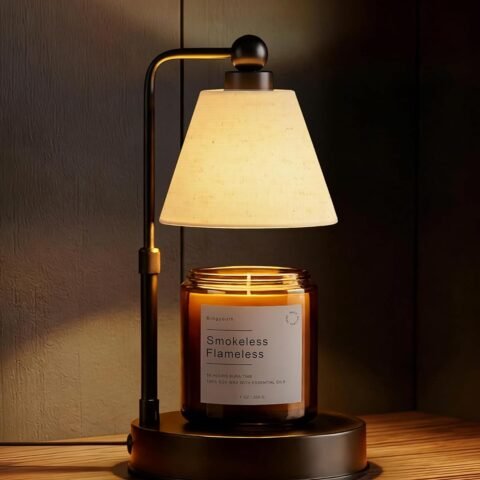 Candle Warmer Lamp with Timer, Dimmable, Adjustable Height, Modern Farmhouse Linen Shade, Black Candle Warming Lamp for Up to 6-Inch Jar Candles, 2 Bulbs Included