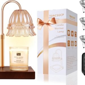 TOACSUCP Candle Warmer Lamp with 3 Bulbs, Adjustable Height Dimmable Candle Warmer with Timer, Compatible with Large Jar Candles, Flower Candle Warmer with Charming Gift Box Ribbon(Light Brown)