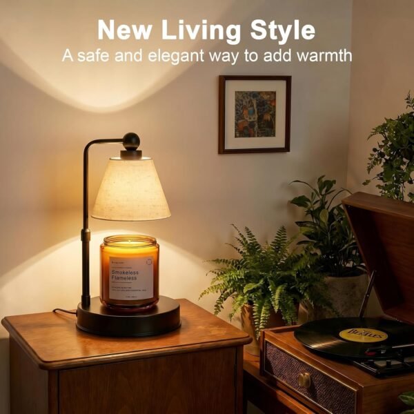 Candle Warmer Lamp with Timer, Dimmable, Adjustable Height, Modern Farmhouse Linen Shade, Black Candle Warming Lamp for Up to 6-Inch Jar Candles, 2 Bulbs Included