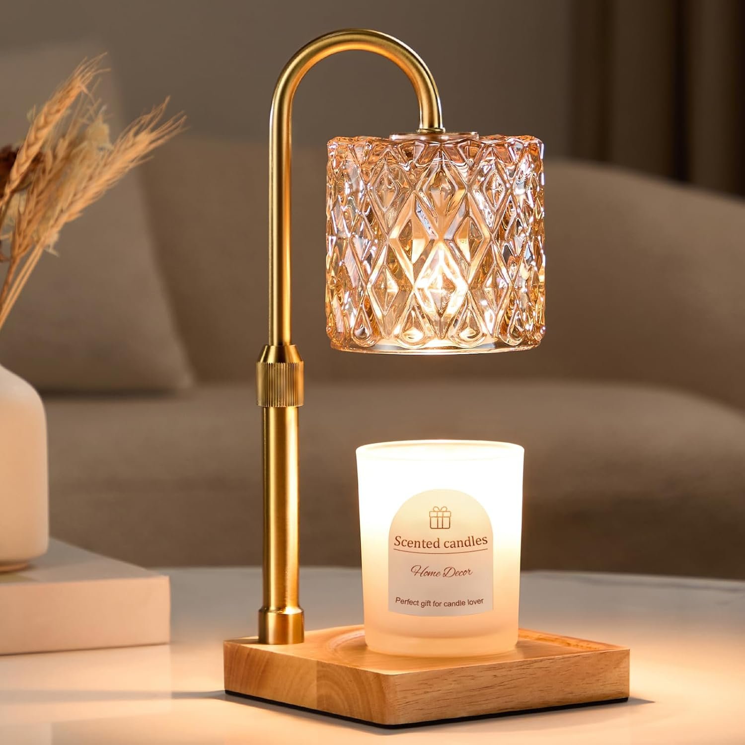 Candle Warmer Lamp with Timer -Dimmable Adjustable Height Wax Melt Warmer for Jar Candles,Vintage Home Decor with Elegant Amber Glass,Birthday Gifts for Women, Mom, Friend, Sister