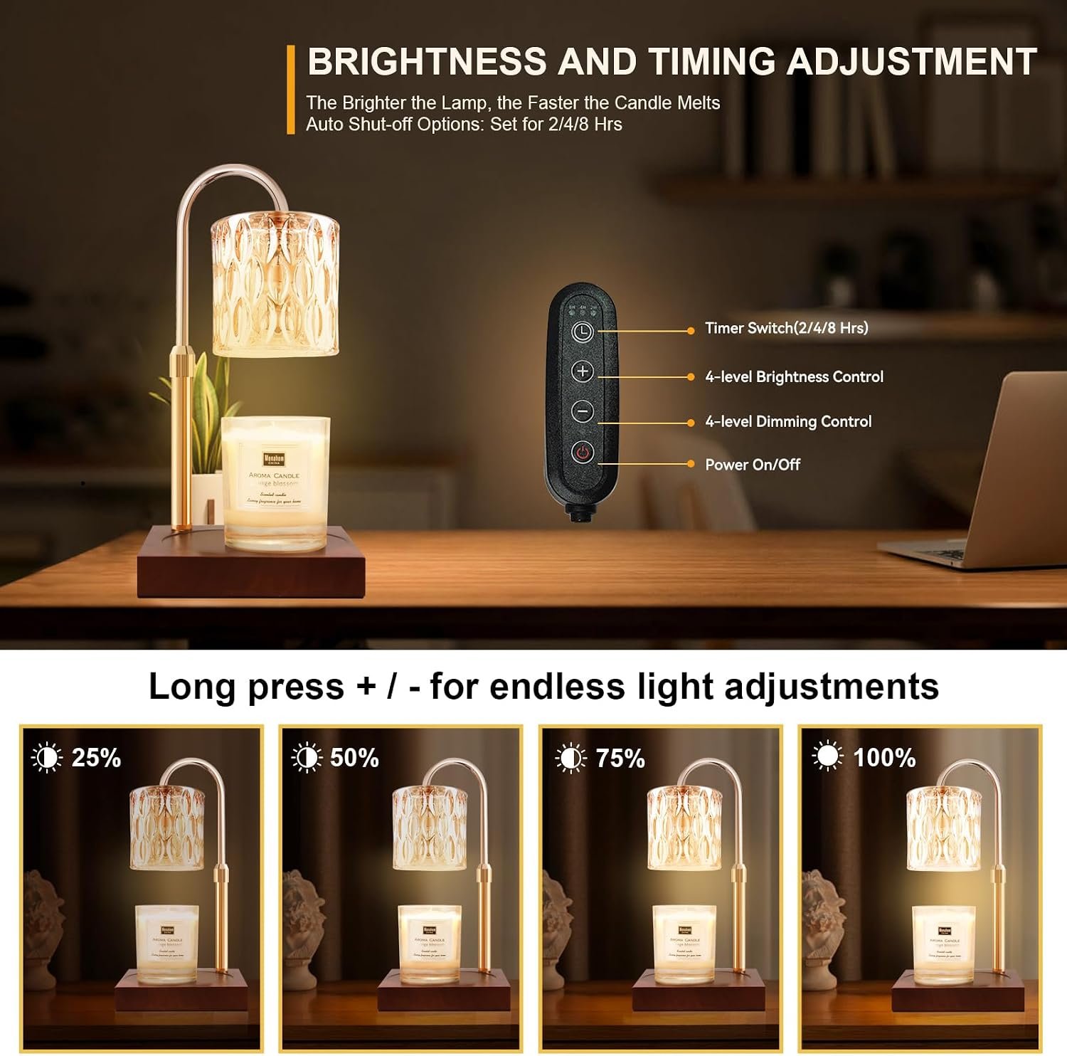 TOACSUCP Candle Warmer Lamp with 3 Bulbs, Adjustable Height Dimmable Candle Warmer with Timer, Compatible with Large Jar Candles, Candle Lamp with Charming Gift Box Ribbon for Her\/Him(Walnut) - Image 3