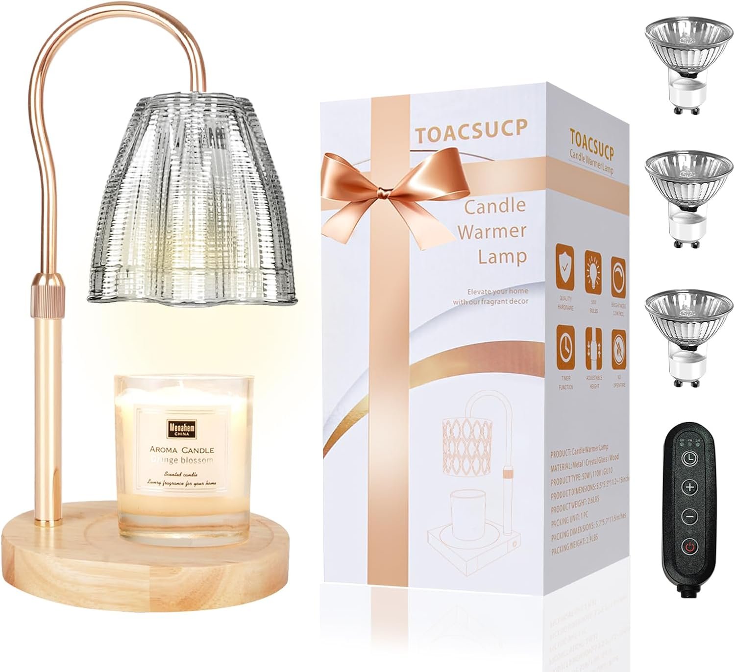 TOACSUCP Candle Warmer Lamp with 3 Bulbs, Adjustable Height Dimmable Candle Warmer with Timer, Compatible with Large Jar Candles, Candle Lamp with Charming Gift Box for Her\/Him