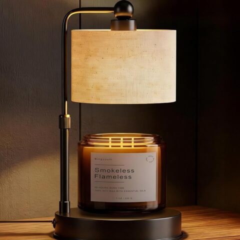 Candle Warmer lamp for 3 Wick Candles, Large Candle Warmer Lamp with Timer, Dimmable, Adjustable Height, Modern Farmhouse Linen Shade, Black Candle Warming Lamp, 2 Bulbs Included