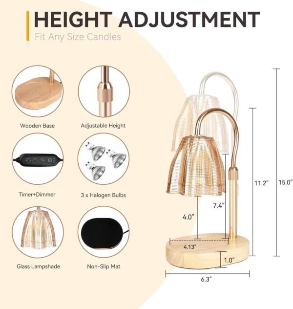 Candle Warmer Lamp with 3 Bulbs, Adjustable Height Dimmable Candle Warmer with Timer, Compatible with Large Jar Candles, Candle Lamp with Charming Gift Box Ribbon for Her\/Him