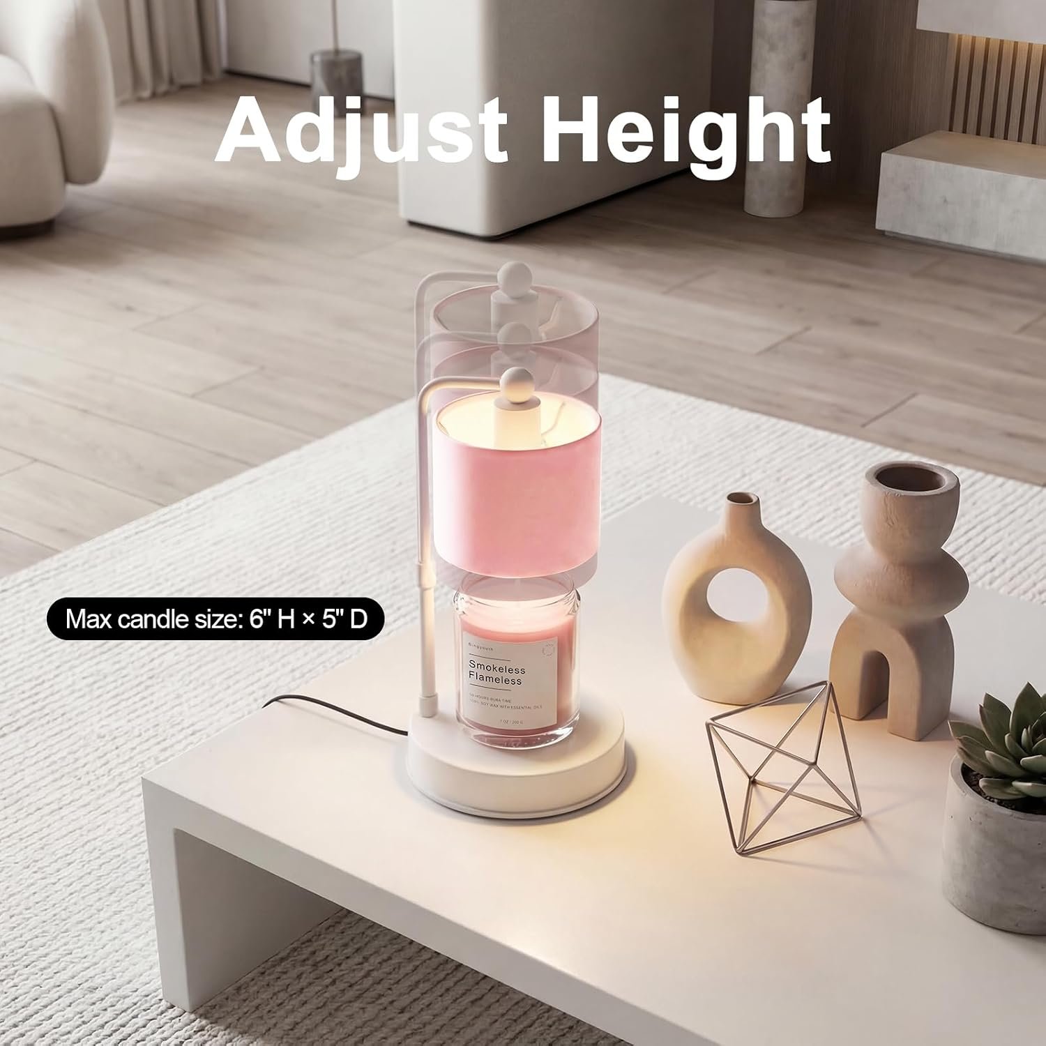 Bingyouth Pink Candle Warmer Lamp with Timer, Modern Farmhouse Dimmable Candle Warmer, Height Adjustable Electric Candle Lamp Warmer with 2 Bulbs, Home Decor for Bedroom-Pink - Image 3