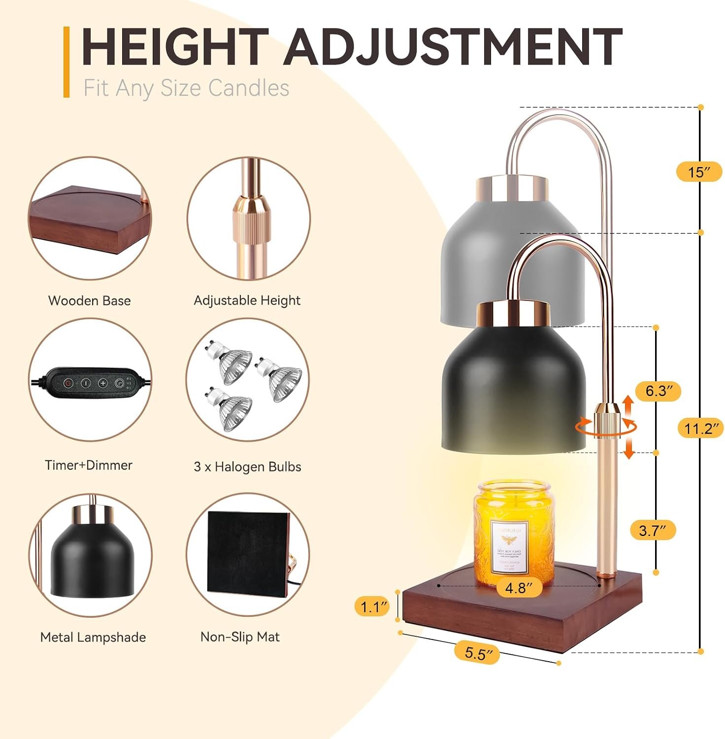 TOACSUCP Candle Warmer Lamp with 3 Bulbs, Adjustable Height Dimmable Candle Warmer with Timer, Compatible with Large Jar Candles, Candle Lamp with Charming Gift Box Ribbon for Her\/Him(Black) - Image 2