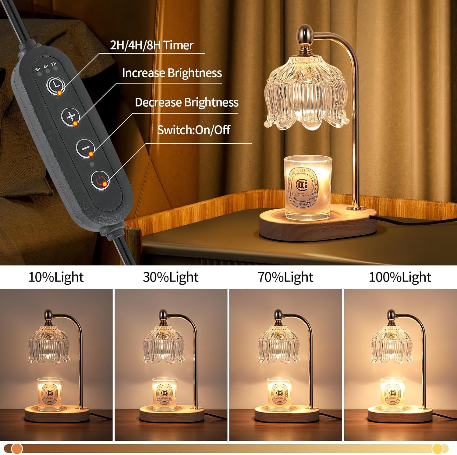 MEIXISUE Candle Warmer Lamp with Timer and Dimmer,Electric Gold Light Gifts for Women Melt Wax Warmer Lamp with 2 Bulbs for Candle Jars House Warming New Home Decor Bedroom - Image 4