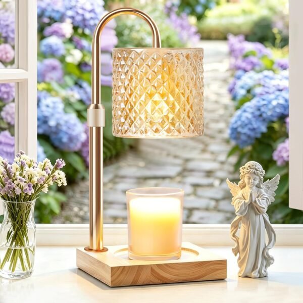Candle Warmer Lamp, Candle Lamp Wax Warmer, Timer & Dimmer 7-Levels, Fits Cup Jar Candle, Top Melting, Crystal Heater Lamp for Scented Wax, Elegant Home Decor, Brass Glass