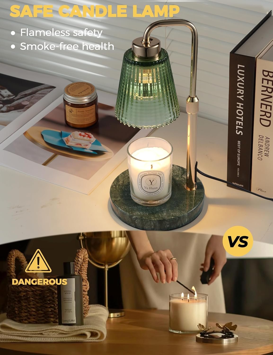 GODONLIF Candle Warmer Lamp with Timer Dimmable, Birthday Gifts for Women Mom, House Warming Gifts New Home Decor, Wax Melt Warmer for Jar Candles with 2 Bulbs, Green Marble Base - Image 2