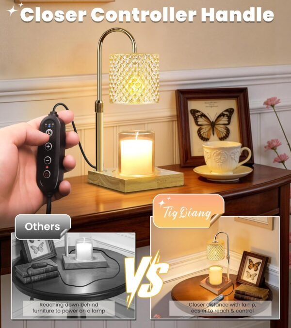 Candle Warmer Lamp, Candle Lamp Wax Warmer, Timer & Dimmer 7-Levels, Fits Cup Jar Candle, Top Melting, Crystal Heater Lamp for Scented Wax, Elegant Home Decor, Brass Glass