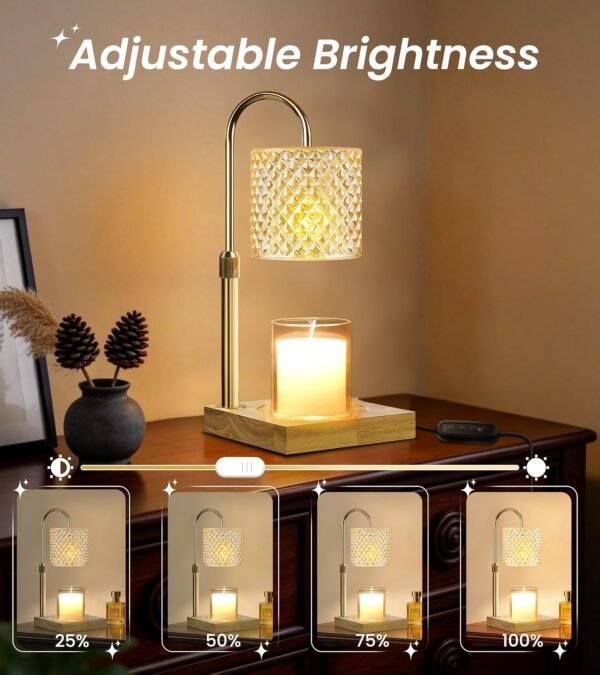Candle Warmer Lamp, Candle Lamp Wax Warmer, Timer & Dimmer 7-Levels, Fits Cup Jar Candle, Top Melting, Crystal Heater Lamp for Scented Wax, Elegant Home Decor, Brass Glass