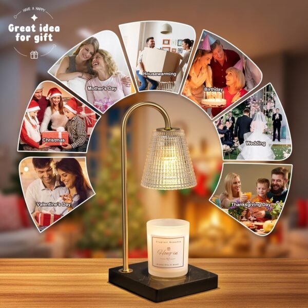Hong-in Modern Gold Candle Warmer Lamp with Black Marble Base, Glass Shade Electric Candle Melter for Scented Candles, Stylish Home Kitchen Decor & Gift for Women