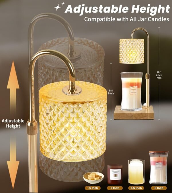 Candle Warmer Lamp, Candle Lamp Wax Warmer, Timer & Dimmer 7-Levels, Fits Cup Jar Candle, Top Melting, Crystal Heater Lamp for Scented Wax, Elegant Home Decor, Brass Glass