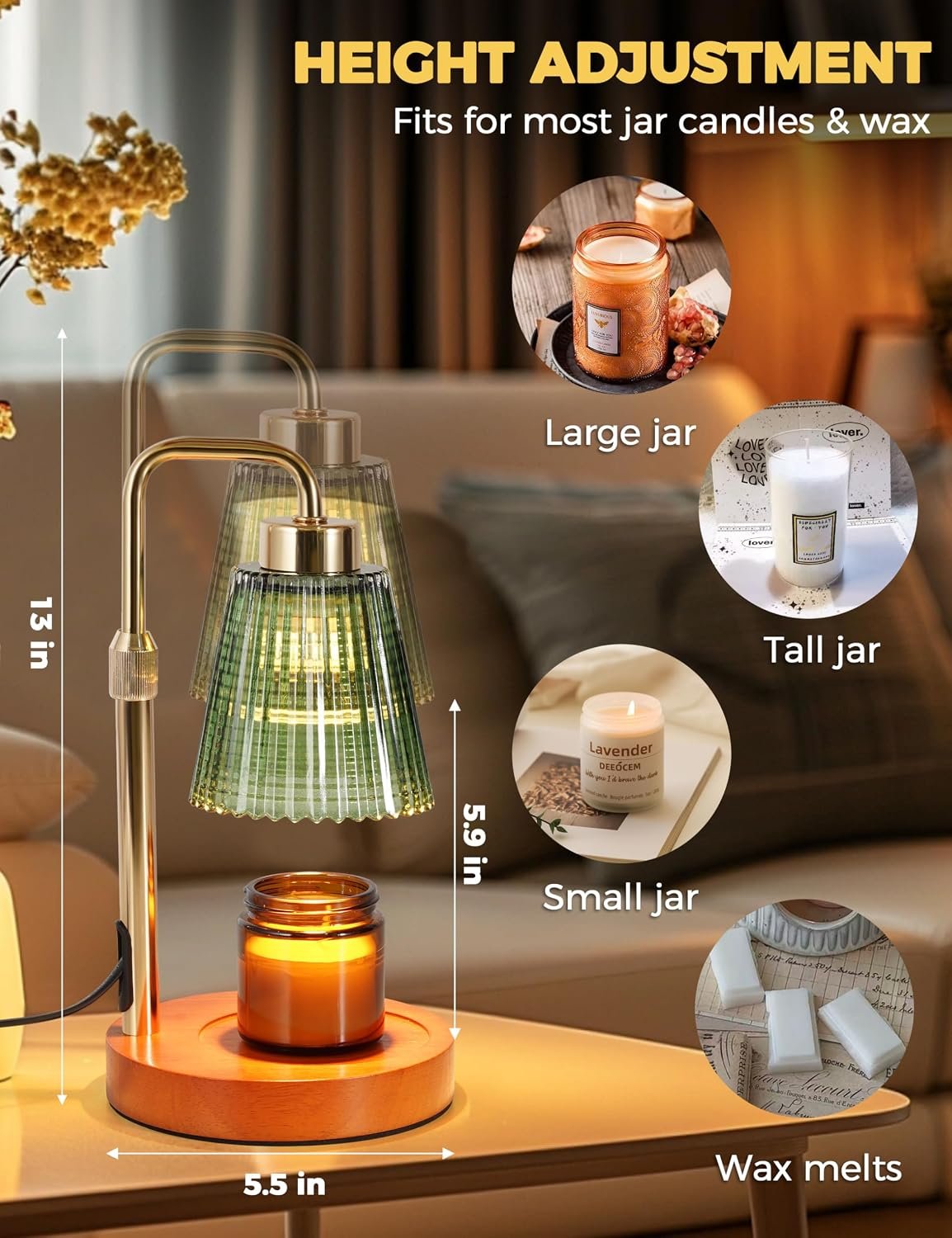 GODONLIF Green Candle Warmer Lamp with Cycle Timer, Birthday Gifts for Women Mom Her, House Warming Gifts New Home Room Decor, Wax Melt Warmer for Jar Candles with 2 Bulbs - Image 3