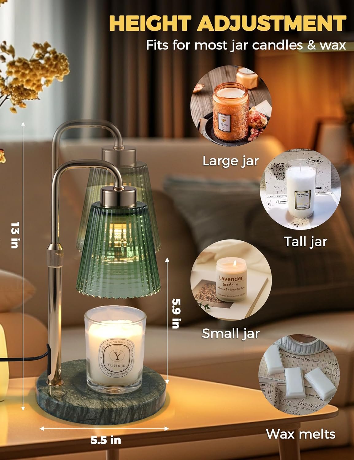GODONLIF Candle Warmer Lamp with Timer Dimmable, Birthday Gifts for Women Mom, House Warming Gifts New Home Decor, Wax Melt Warmer for Jar Candles with 2 Bulbs, Green Marble Base - Image 5