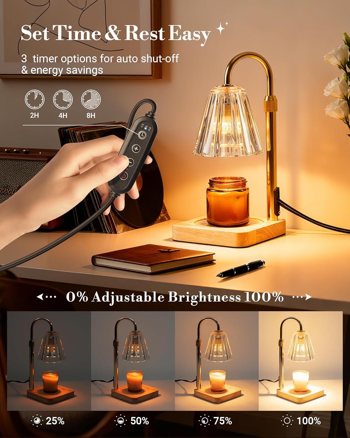 Marycele Candle Warmer Lamp with Timer & Dimmer - Mothers Day Gifts for Women Mom Her, Aesthetic Office Home Decor, Adjustable Height Wax Melter for Candle Jar & 3-Wick Candles (2 Bulbs Included) - Image 4