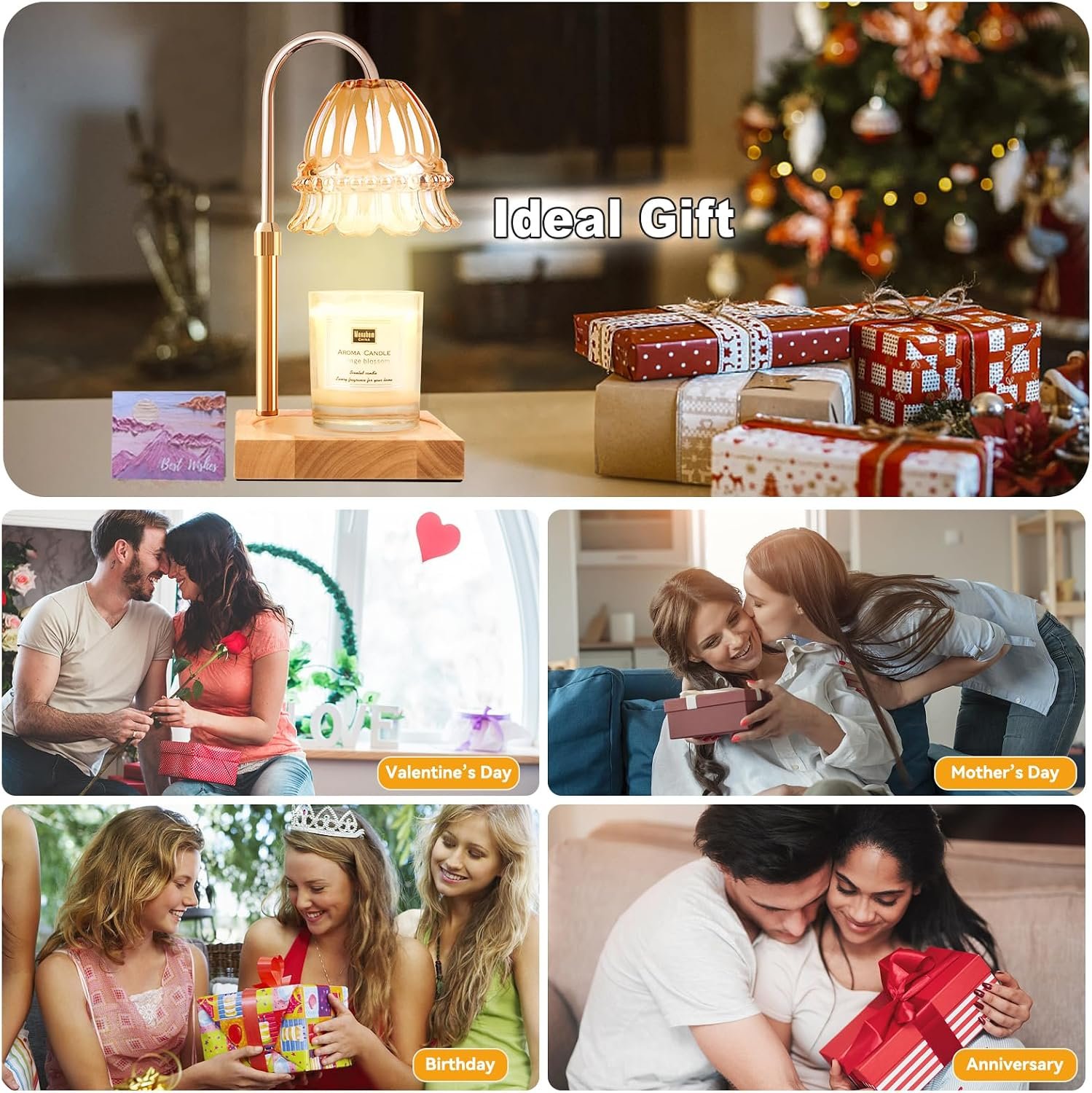 TOACSUCP Candle Warmer Lamp with 3 Bulbs, Adjustable Height Dimmable Candle Warmer with Timer, Compatible with Large Jar Candles, Flower Candle Warmer with Charming Gift Box Ribbon(Light Yellow) - Image 6